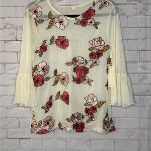 NWT Hot Gal Cream Floral Blouse with Bell Sleeves